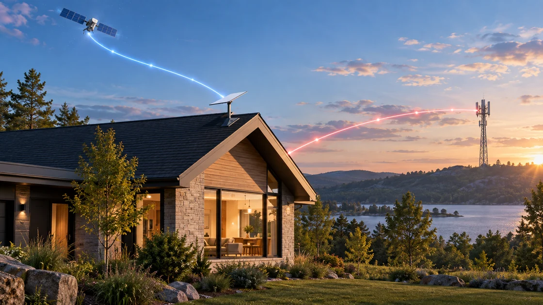 Photorealistic concept of a lakeside home at sunset, with a roof-mounted satellite dish and separate blue satellite and red cellular connection paths